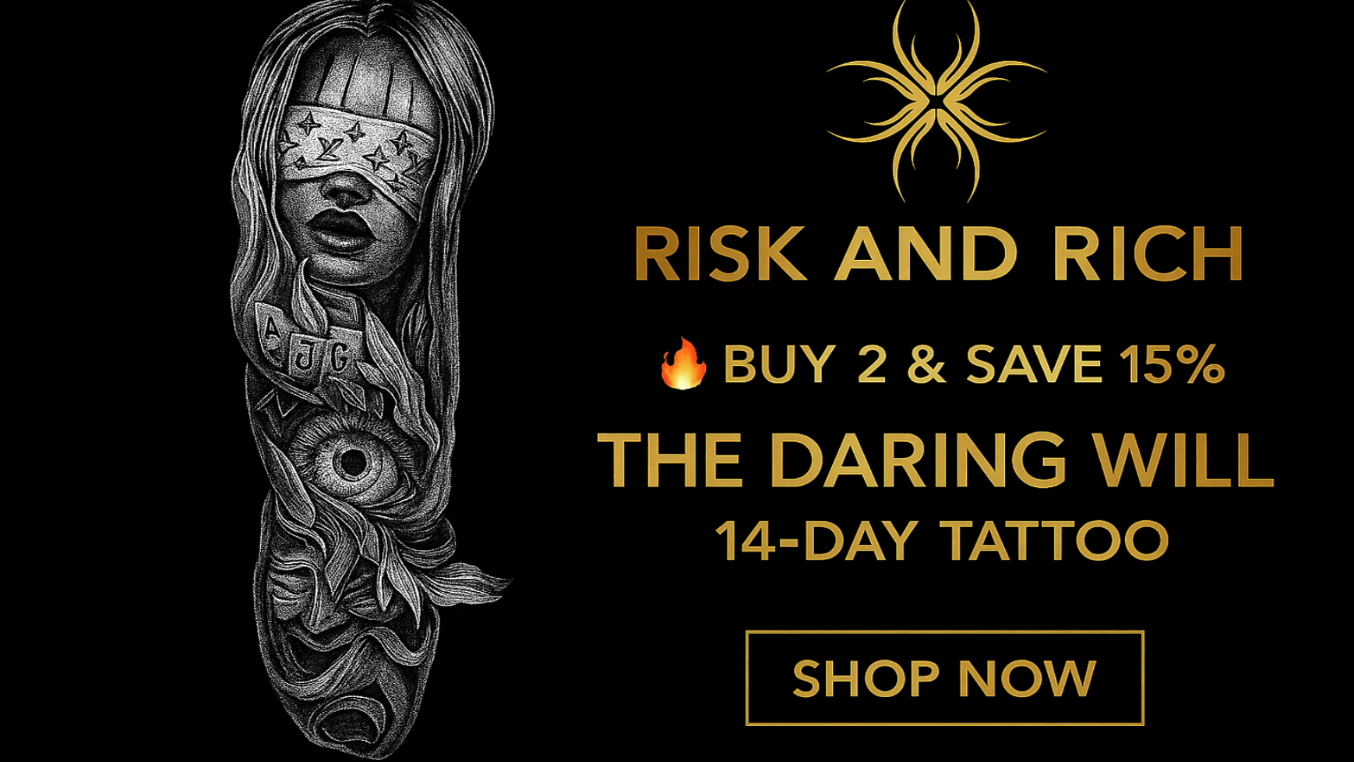 Promotional graphic for 'Risk and Rich' tattoo offer with tattoo design and text on a black background.